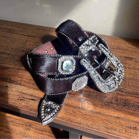 Rhinestone Belt Western Women\'s Cowgirl Crystal Studs Bling Silver Black leather